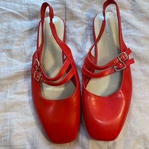 Square Toe Red Double Strap Flats
